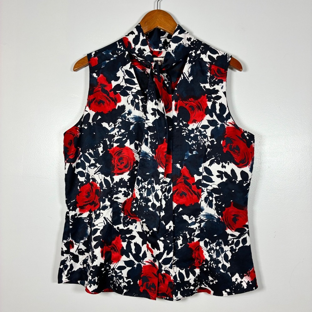 Anne Klein Blouse L Floral Tie Neck Office Bold Chic Timeless Career Classic